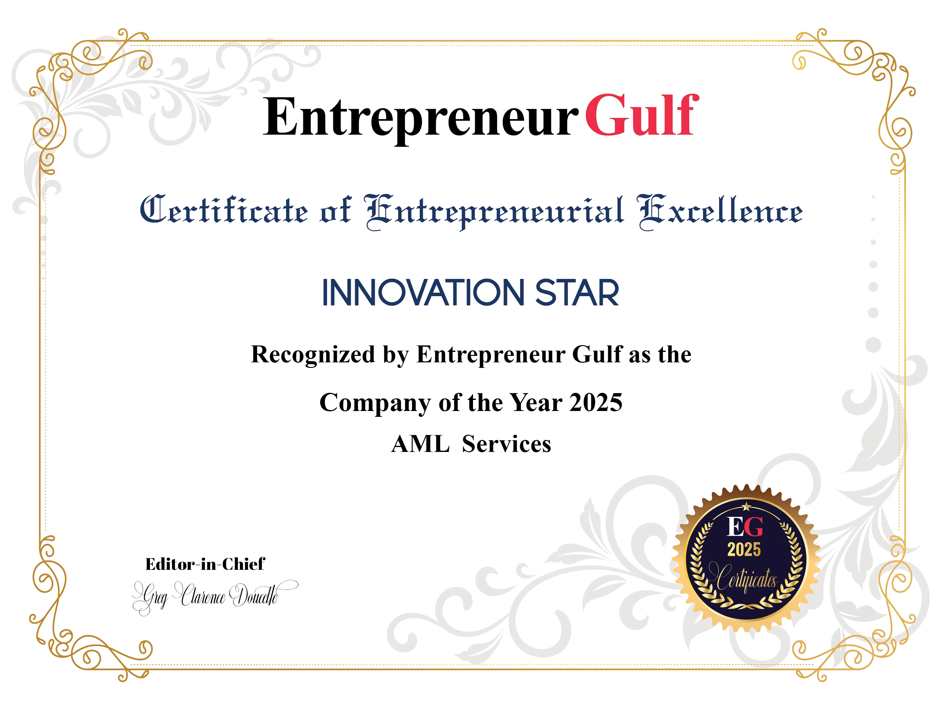 Company of the Year 2025 in AML Services certificate