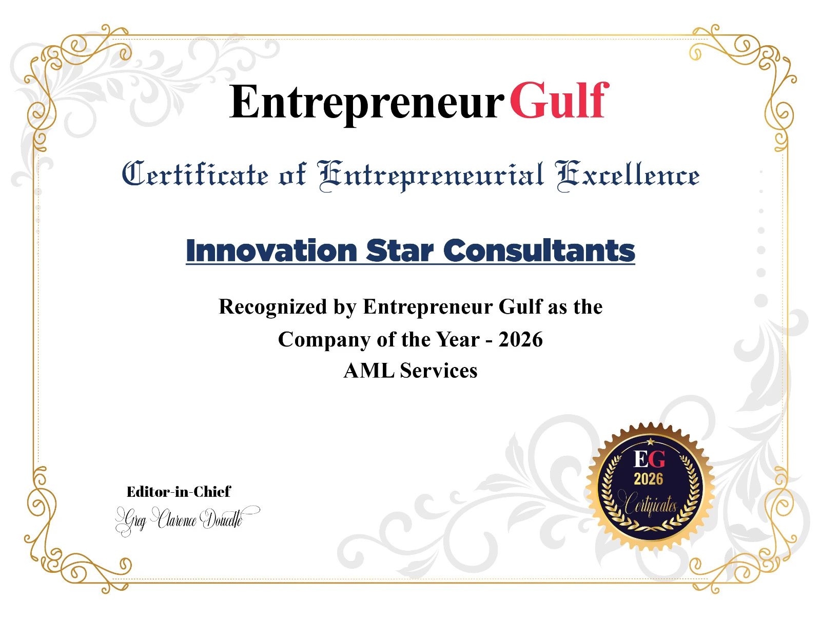 Entrepreneur Gulf Company of the Year 2026 certificate for AML Services