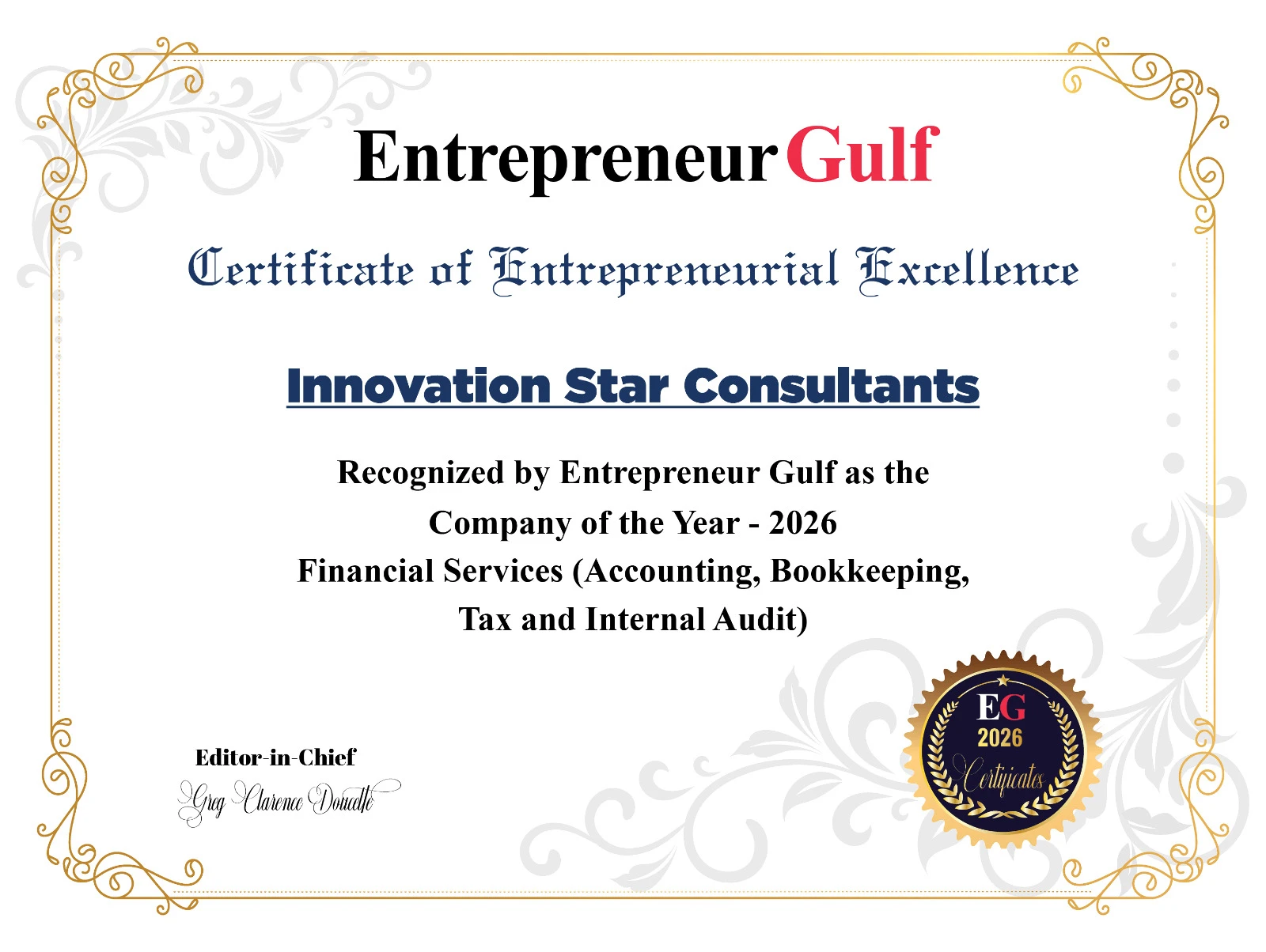 Entrepreneur Gulf Company of the Year 2026 certificate for Financial Services